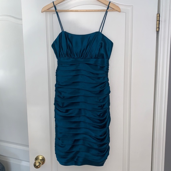 Teal Satin Rouched Mini Dress 2 - Picture 1 of 7